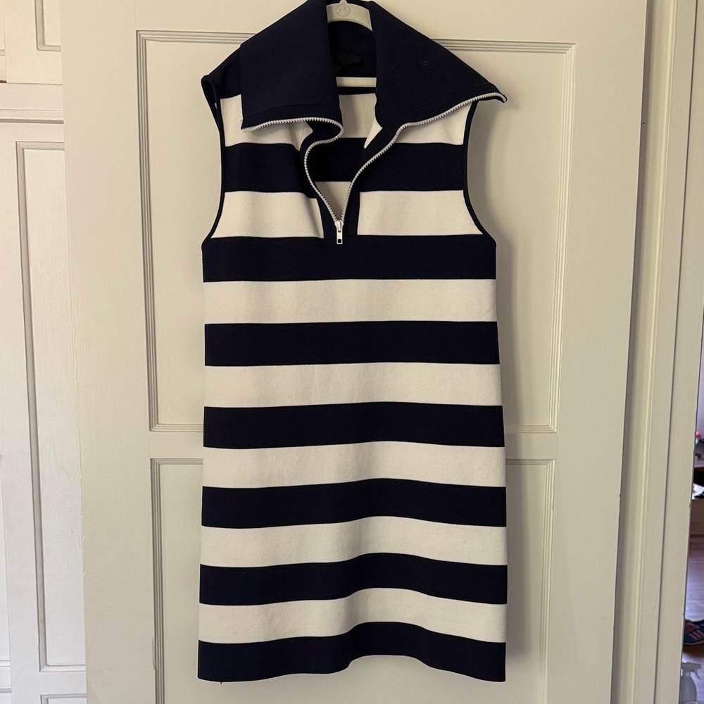 Zara | Sleeveless Knit Mini Striped Zip-Collar Dress | Navy & White M
